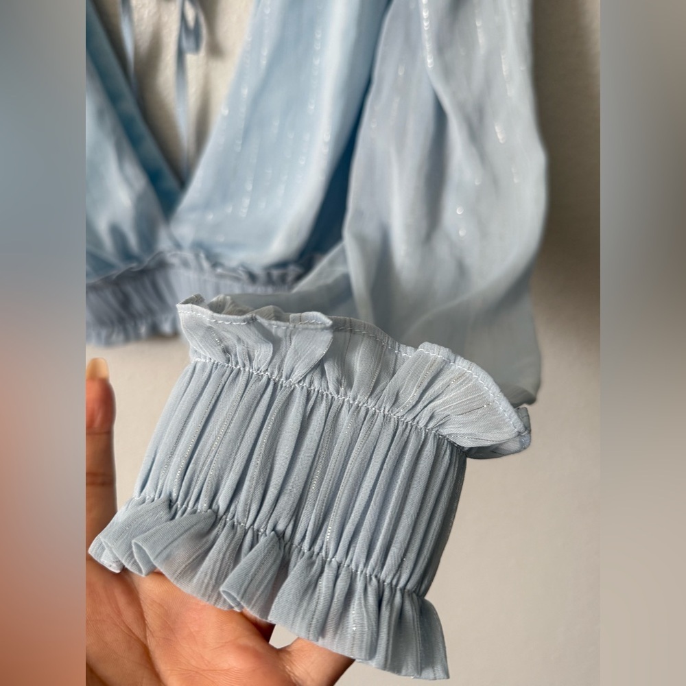 Milk & Honey Blue Chiffon Puff Sleeve Crop Top Cottagecore Size S NWOT - Picture 3 of 9
